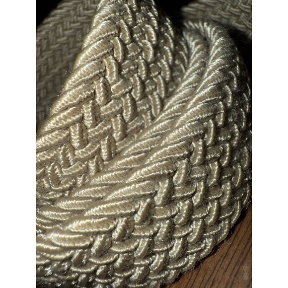 Mens Stretch Woven Belt L Khaki Brown Adjustable Leather Trim Golf Classic USA - Picture 3 of 6